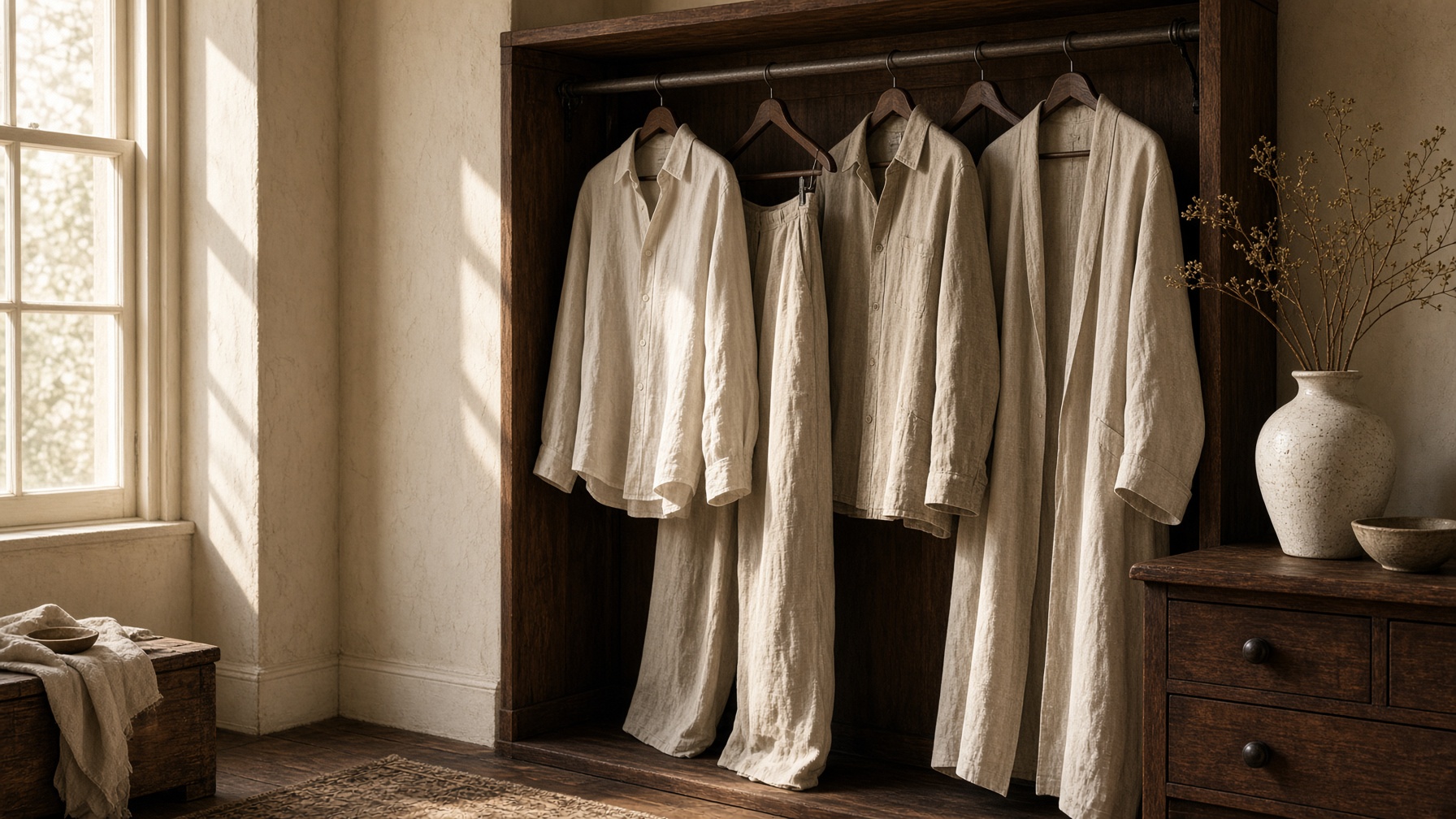 Linen garments hanging in a quiet wardrobe