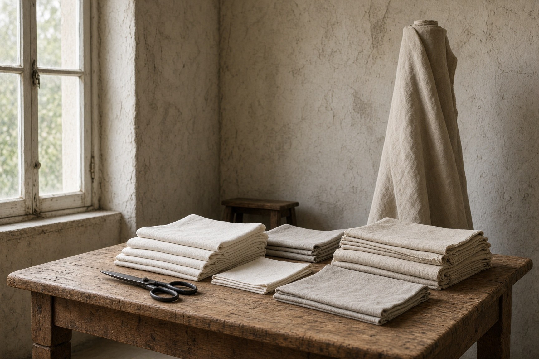 Folded natural linen in a quiet workshop