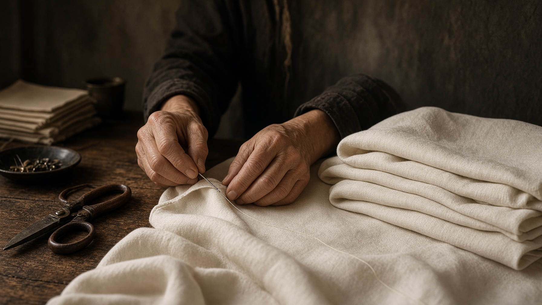 Ivory linen being hemmed by hand